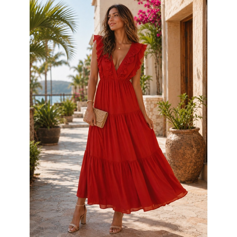 WAYF Red Ruffle Tiered Maxi Dress V-Neck Flutter Sleeve Chiffon Boho Small